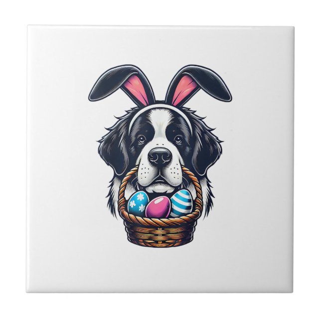 Cute Bunny Ear Saint Bernard Dog Easter Egg Owner  Ceramic Tile (Front)