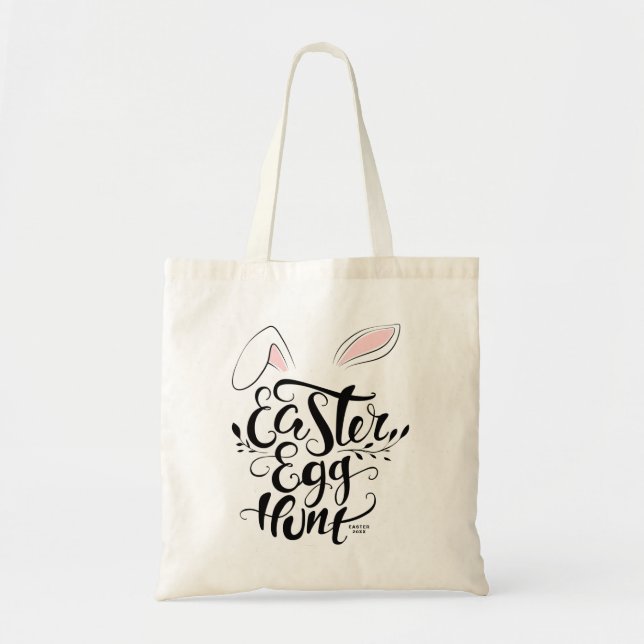 Cute Bunny Ears Calligraphy Easter Egg Hunt Custom Tote Bag (Front)