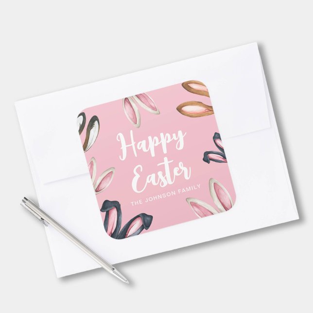 Cute Bunny Ears Happy Easter Square Sticker (Cute Bunny Ears Happy Easter Square Sticker)