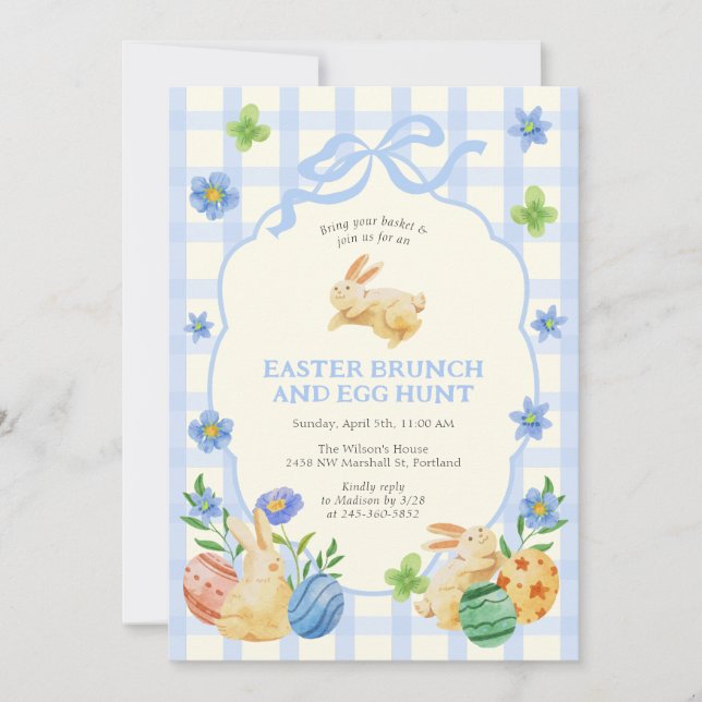 Cute Bunny Easter Brunch & Egg Hunt Blue Chequered Invitation (Front)