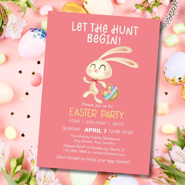 Cute Bunny Easter Brunch Egg Hunt Invitation (Easter Party Invitation with Cute Bunny running for egg hunt)