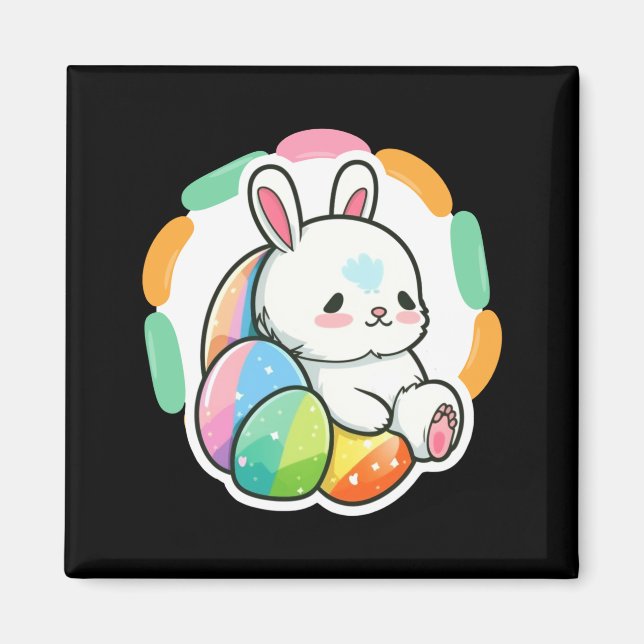 Cute bunny easter rainbow eggs cartoon spring t magnet (Front)
