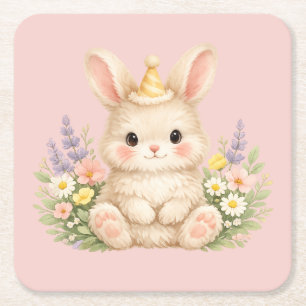 Cute Bunny European Cottage Garden  Square Paper Coaster