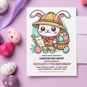 Cute Bunny Explorer Easter Egg Hunt Birthday Invitation