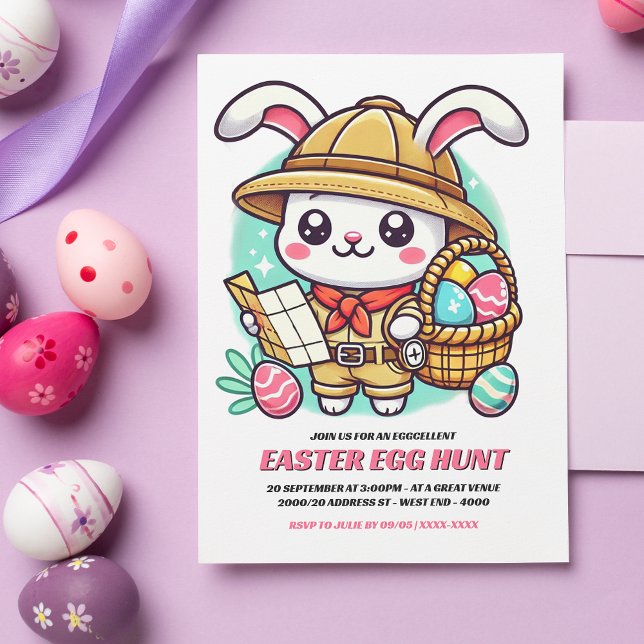 Cute Bunny Explorer Easter Egg Hunt Invitation (Invite friends and family to an eggcellent Easter egg hunt with this adorable invitation!)