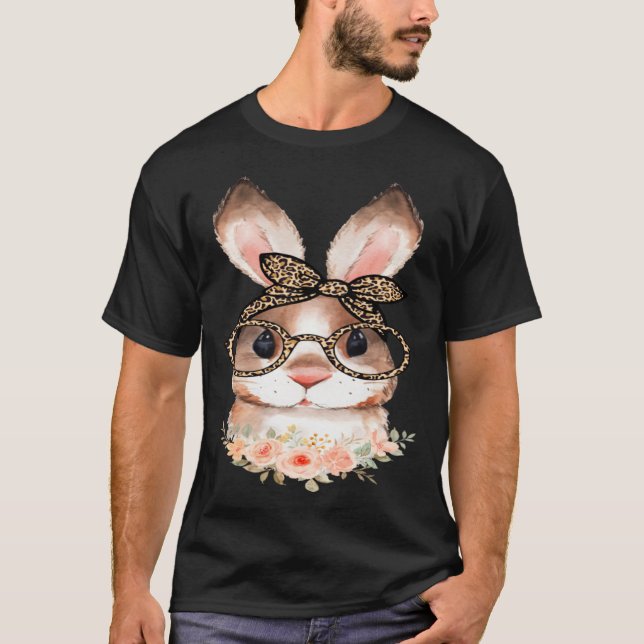 Cute Bunny Face Floral  Leopard Print Glasses EAST T-Shirt (Front)