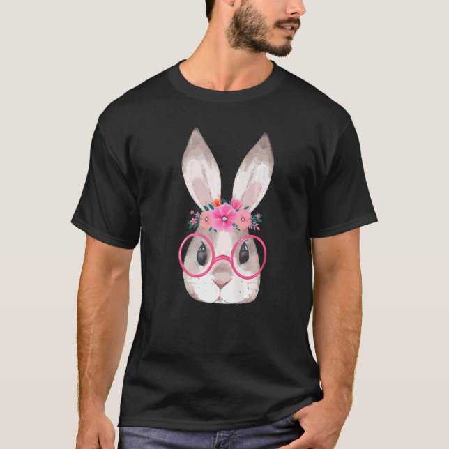 Cute Bunny Face Glasses And Floral Headband Happy  T-Shirt (Front)