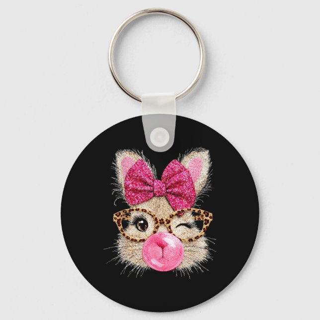 Cute Bunny Face Glasses Pink Bubble Gum Rabbit Key Ring (Front)