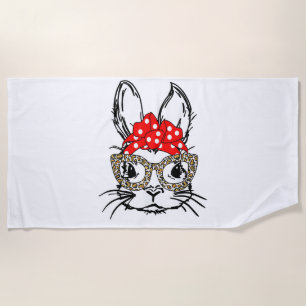 Cute Bunny Face Leopard Print Red Bandanna Rabbit Beach Towel