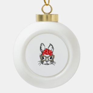 Cute Bunny Face Leopard Print Red Bandanna Rabbit Ceramic Ball Christmas Ornament