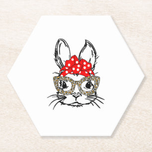Cute Bunny Face Leopard Print Red Bandanna Rabbit Paper Coaster