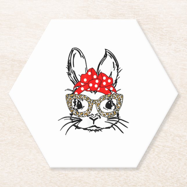 Cute Bunny Face Leopard Print Red Bandanna Rabbit  Paper Coaster (Front)