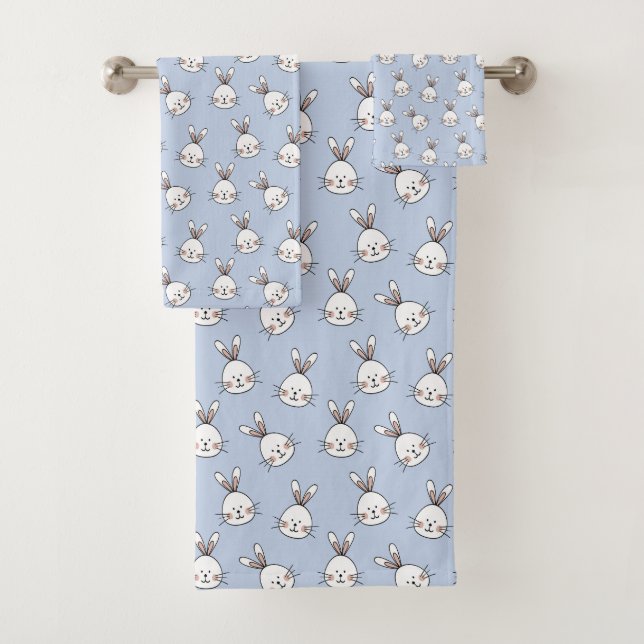 Cute Bunny Face Pattern on Light Blue Bath Towel Set (Insitu)