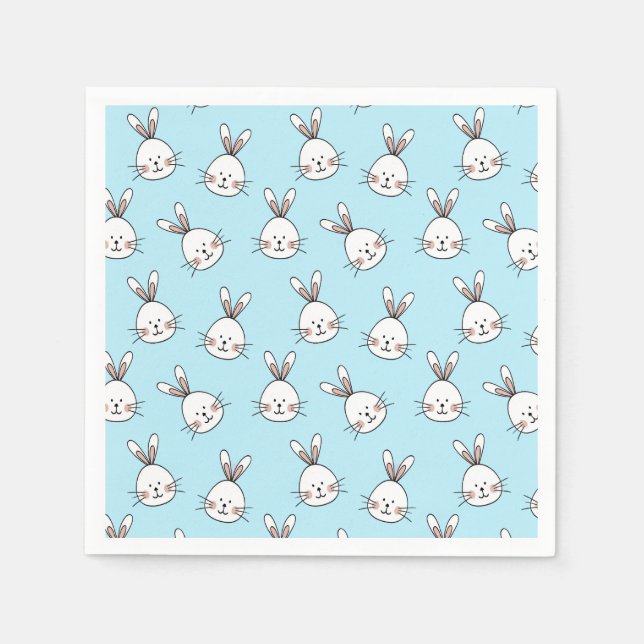 Cute Bunny Face Pattern on Light Blue Napkin (Front)