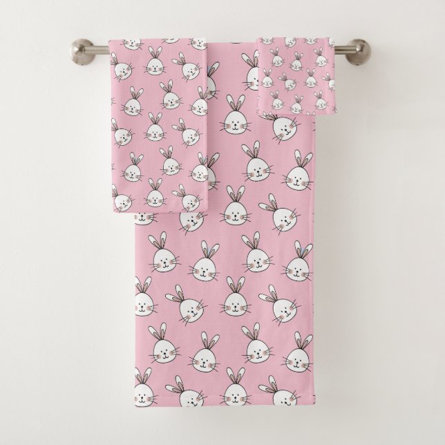 Cute Bunny Face Pattern on Light Pink Bath Towel Set (Insitu)