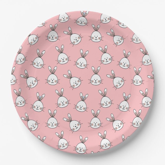 Cute Bunny Face Pattern on Light Pink Paper Plates (Front)