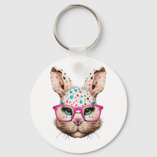 cute bunny face pink glasses floral leopard easter key ring