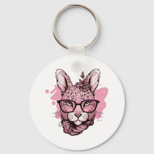 Cute Bunny Face Pink Glasses Floral Leopard Easter Key Ring