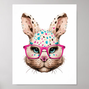 cute bunny face pink glasses floral leopard easter poster