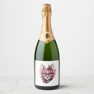 Cute Bunny Face Pink Glasses Floral Leopard Easter Sparkling Wine Label