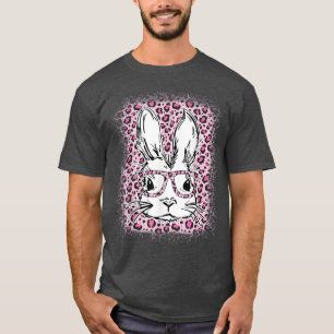 Cute Bunny Face Pink Leopard Bleached Happy Easter T-Shirt