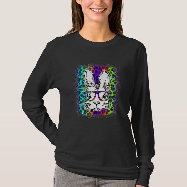 Cute Bunny Face Rainbow Leopard Bleached Happy Eas T-Shirt (Front)