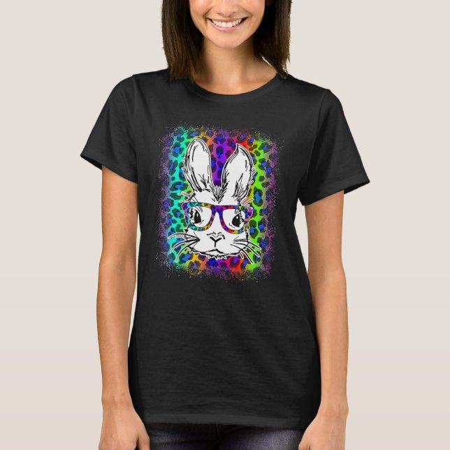 Cute Bunny Face Rainbow Leopard Bleached Happy Eas T-Shirt (Front)