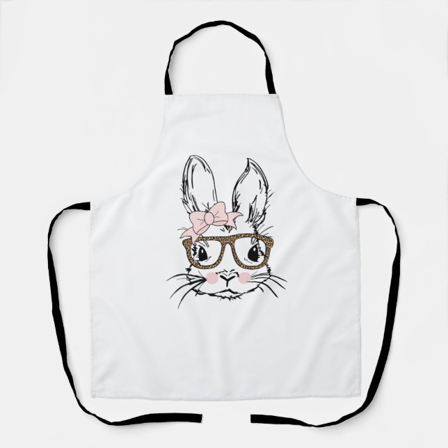 Cute Bunny Face Shirt Leopard Print Glasses EASTER Apron (Front)