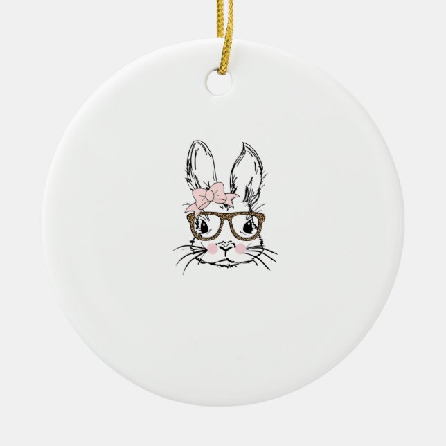 Cute Bunny Face Shirt Leopard Print Glasses EASTER Ceramic Ornament (Front)