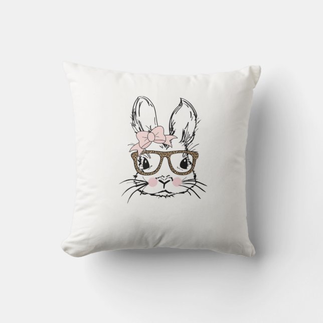 Cute Bunny Face Shirt Leopard Print Glasses EASTER Cushion (Front)