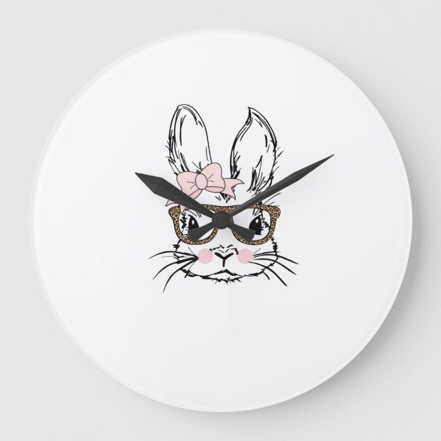 Cute Bunny Face Shirt Leopard Print Glasses EASTER Large Clock (Front)