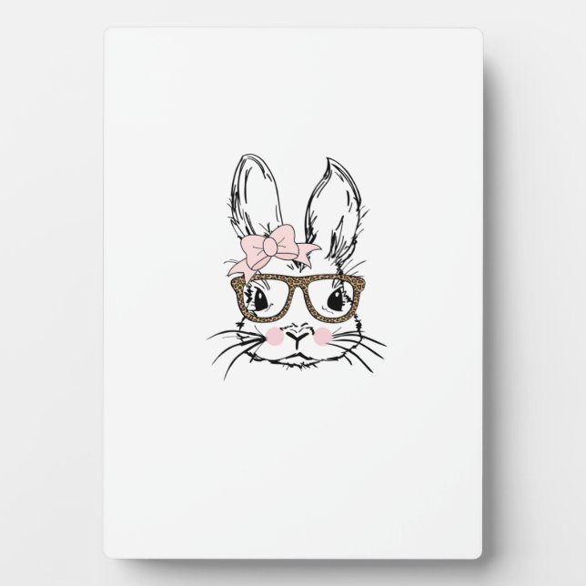 Cute Bunny Face Shirt Leopard Print Glasses EASTER Plaque (Front)