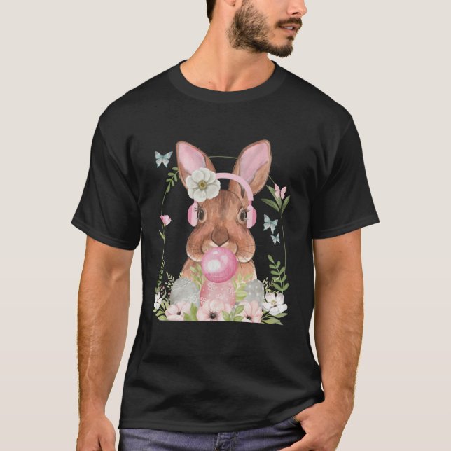 Cute Bunny Face With Bubblegum And Headphones East T-Shirt (Front)