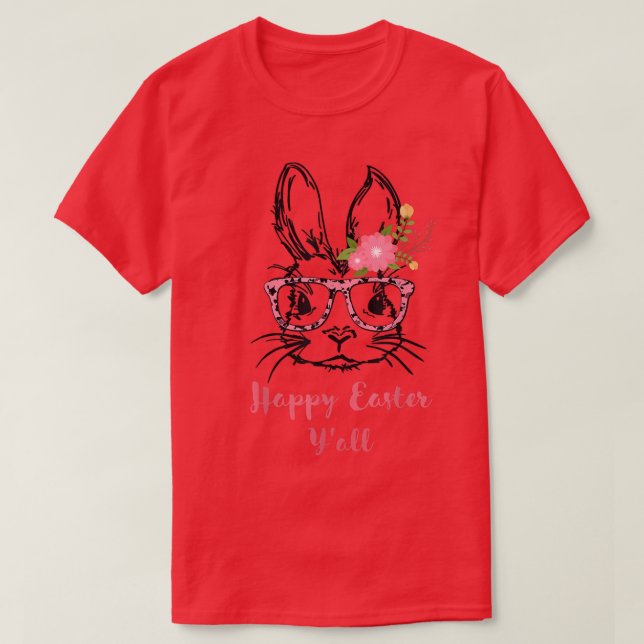 Cute Bunny Face With Glasses Leopard Print Happy E T-Shirt (Design Front)