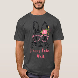 Cute Bunny Face With Glasses Leopard Print Happy E T-Shirt