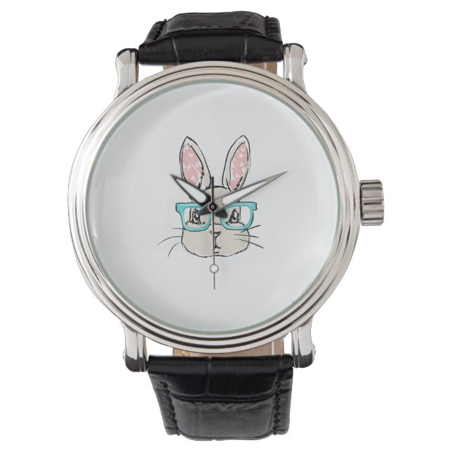 Cute Bunny Face With Pink Glasses, Easter Rabbit F Watch (Front)