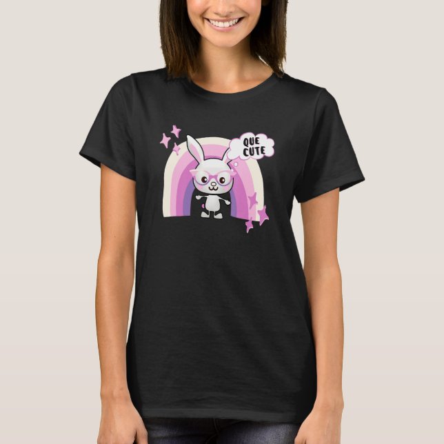 Cute Bunny Face With Rainbow Glasses Speaks Spanis T-Shirt (Front)