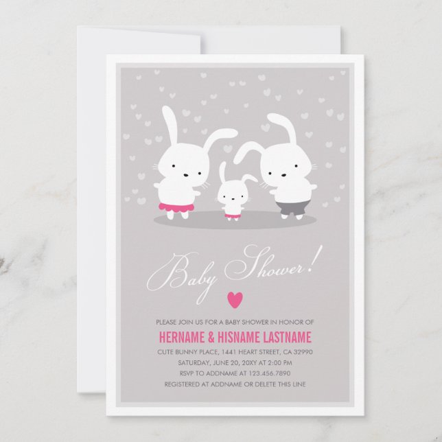 Cute Bunny Family Grey Couples Baby Shower Girl Invitation (Front)