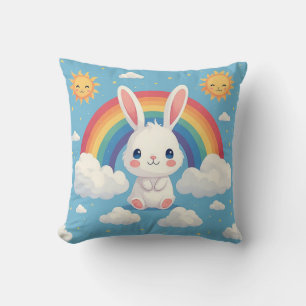 Cute Bunny Floating on Clouds Under a Rainbow Cushion
