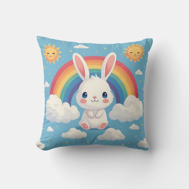 Cute Bunny Floating on Clouds Under a Rainbow Cushion (Front)