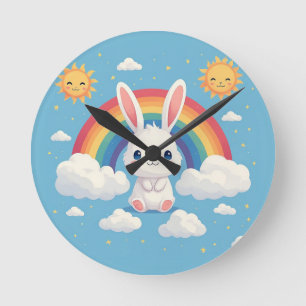Cute Bunny Floating on Clouds Under a Rainbow Round Clock
