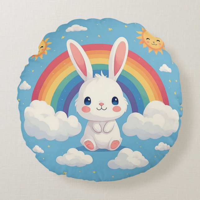 Cute Bunny Floating on Clouds Under a Rainbow Round Cushion (Front)