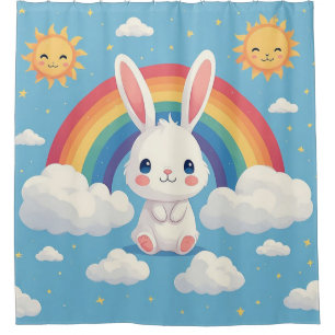 Cute Bunny Floating on Clouds Under a Rainbow Shower Curtain