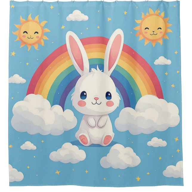 Cute Bunny Floating on Clouds Under a Rainbow Shower Curtain (Front)