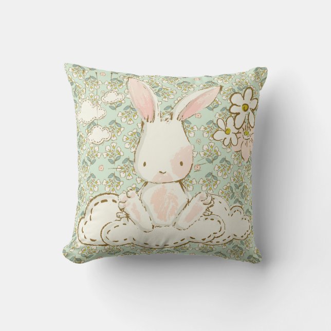 Cute Bunny Floral Green Boy Girl Sweet Nursery Cushion (Front)