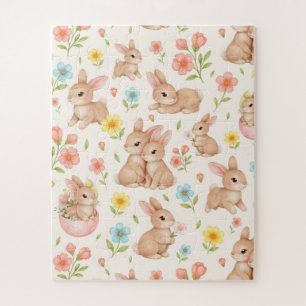 Cute Bunny Floral Spring Pattern Jigsaw Puzzle