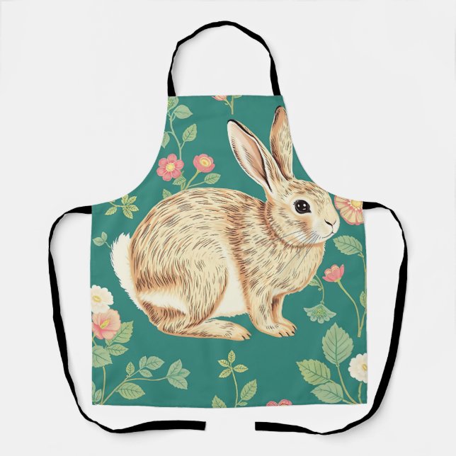 Cute Bunny Floral Teal Pattern Apron (Front)