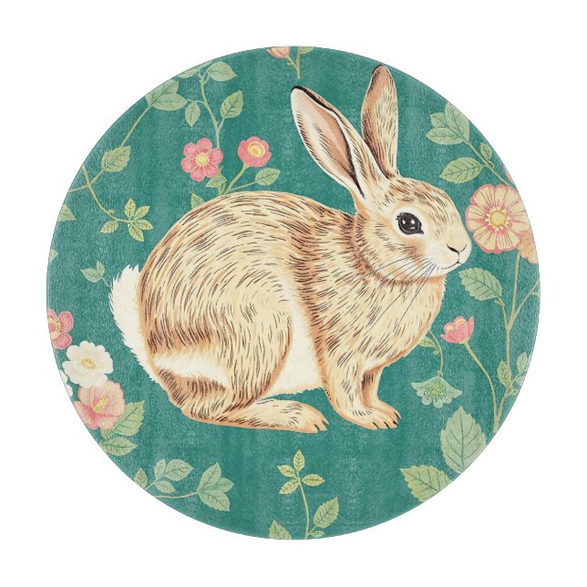 Cute Bunny Floral Teal Pattern Cutting Board (Front)