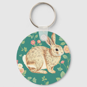 Cute Bunny Floral Teal Pattern Key Ring