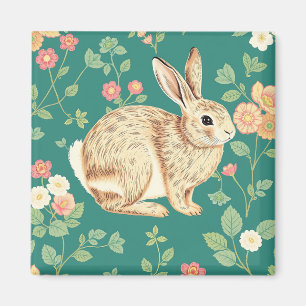 Cute Bunny Floral Teal Pattern Magnet